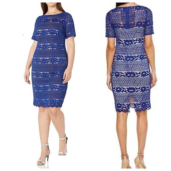 Adrianna Papell Lace Overlay Sheath Dress Womens Sz 16W Blue Short - Picture 1 of 16